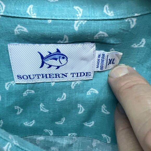 Southern Tide Mens Shirt‎ Sz XL Fish Toss Short Sleeve Linen Blend Tidal Wave - Picture 3 of 6
